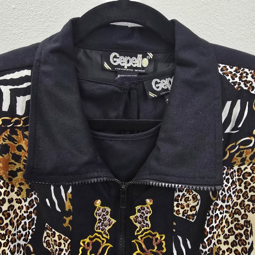 Vintage Gepetto 100% Silk 2pc Jacket Set Animal Print Gold Embroidery XL NWT - Picture 2 of 11